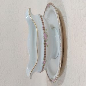 J&C Bavarian Hand-painted Rose Gravy Boat Gold Trim